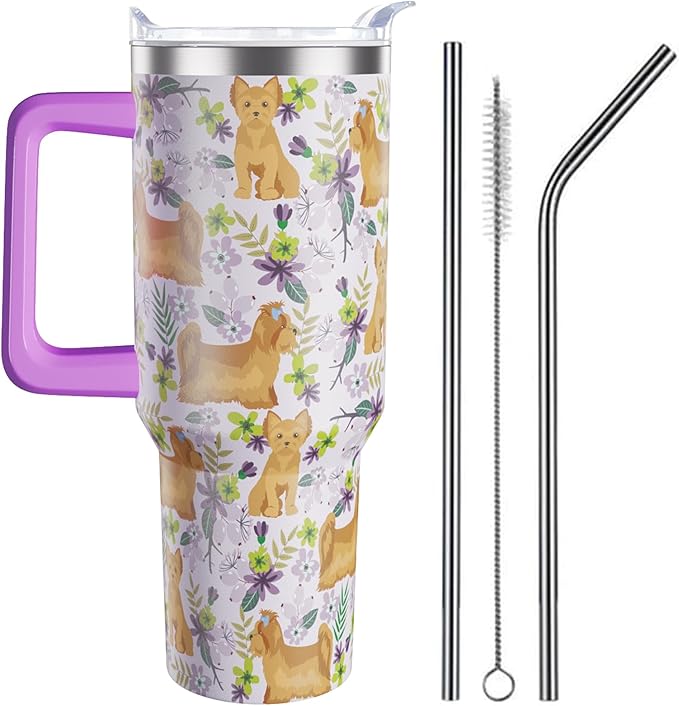 Yorkie Gifts for Women Dog Lovers 40 oz Floral Yorkie Tumblers with Handle and Straw, Stainless Steel Vacuum Insulated Travel Coffee Mug Cup Water Bottle