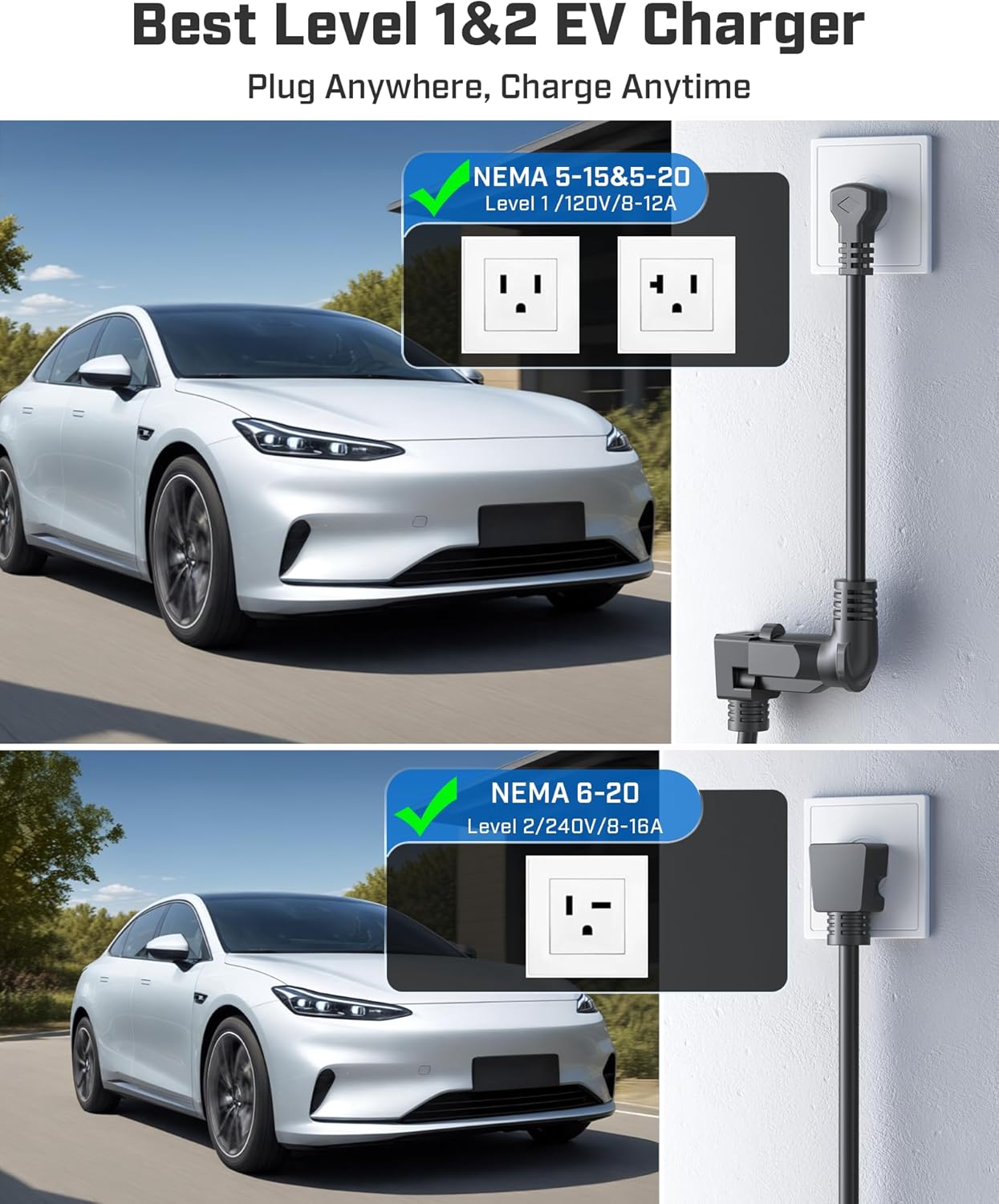 2025 Upgraded Level 1&2 Portable EV Charger, 16Amp Adjustable Current & Timer, 110V–240V, NEMA 5-15 & 6-20 Plugs, 21Ft EV Charging Cable, J1772 Electric Car Charger for All EVs/PHEVs, EV Charging Cord