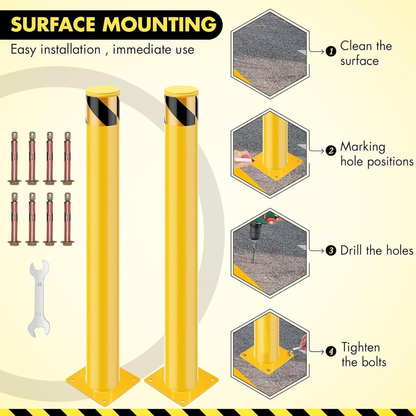 2 Pack Safety Bollard Post, 30 Inch Height 4.5 Inch Diameter Yellow Pipe Safety Steel Bollards with Anchor Bolts and Wrench, Steel Bollards for Road Warning Construction Public Place Traffic Control