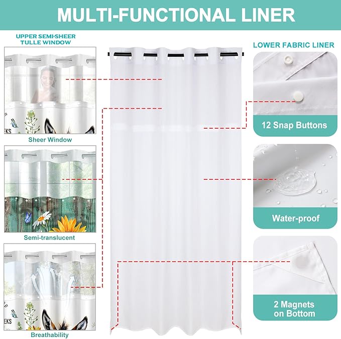 Vimorco No Hook Shower Curtain and Liner Set, 2 Interchangeable Patterns Shower Curtain with Snap (Sunflower Butterfly & Sunflower Donkey) Fabric Waterproof, 71x74 Inch, 2025 New