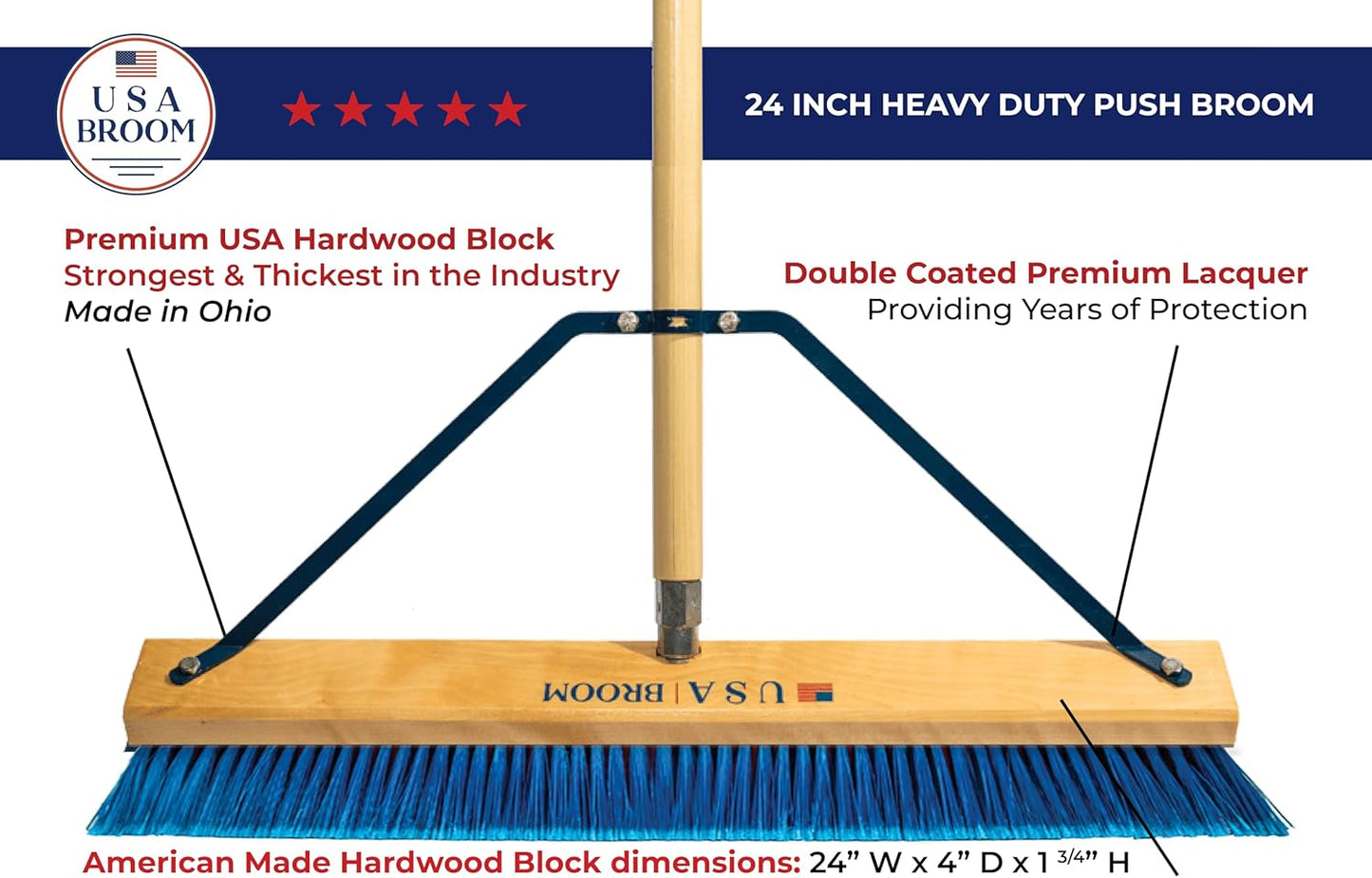 24" Everyday Sweep Indoor/Outdoor Push Broom with 60" Handle. Ideal for Garages & Shops. Durable American Made Steel Brackets-All Stainless Steel Hardware. No Plastic. 100% Made in The USA.