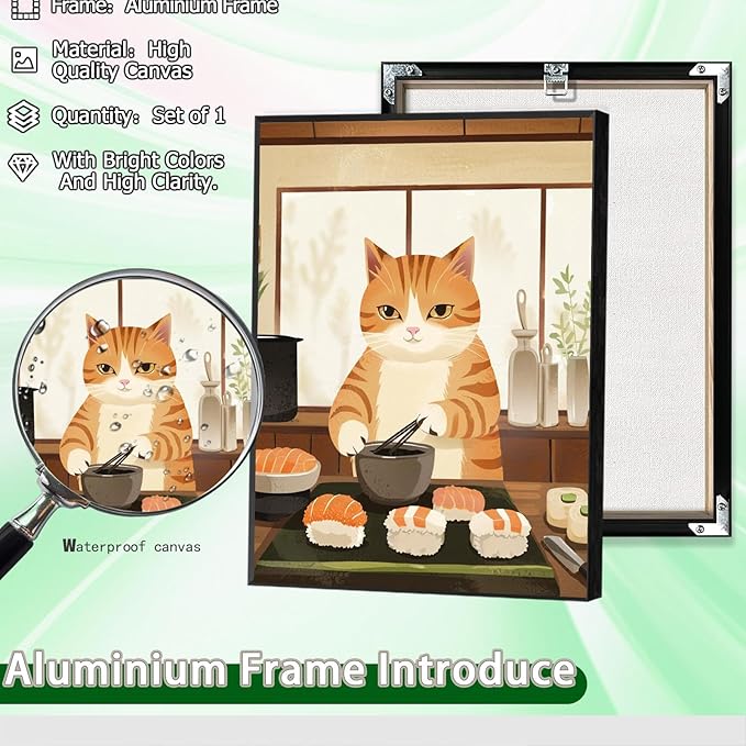Vintage Cat Chef Kitchen Poster,Funny Food Canvas Wall Art,Cute Cat Cooking Sushi Print, Retro Kitchen Wall Decor, Whimsical Kitchen Art for Home, Dining Room, Cafe 16x24 in Aluminum Framed