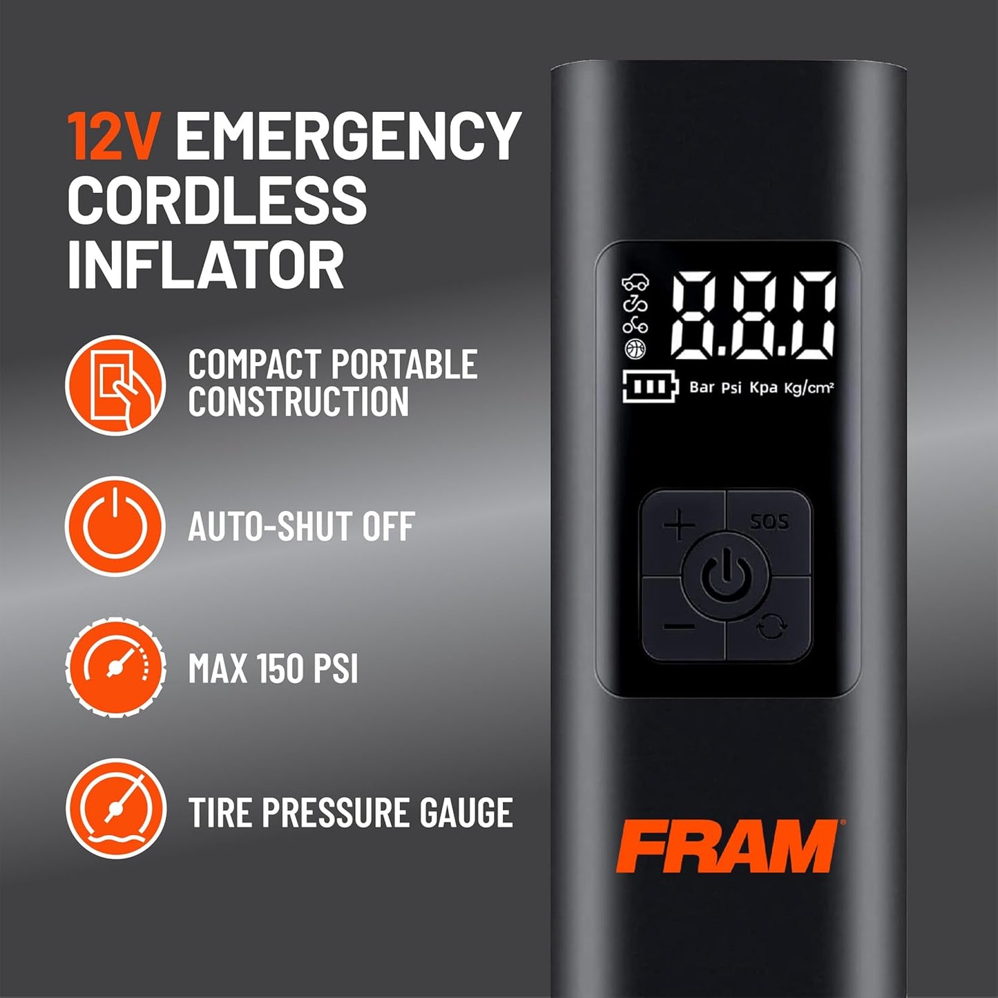 FRAM FEK40002 Portable Emergency Tire Inflator with 6000mAh Battery and 12V, 150PSI Air Pump for Car, Bike, Motor, Ball with Digital Tire Pressure Gauge with LED Light