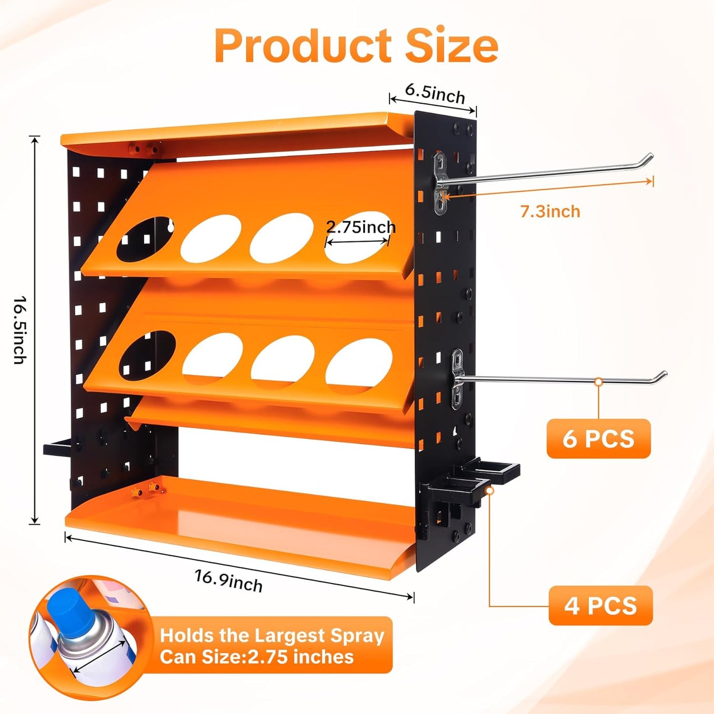 Heavy Duty Metal Spray Can Holder - Wall Mount or Countertop Spray Bottle Lube Can Organizer for Garage & Home & Workshop, Peg Board on Both Sides | 8 Can Holes & 6 Steel Hooks, 5 Plastic Hooks