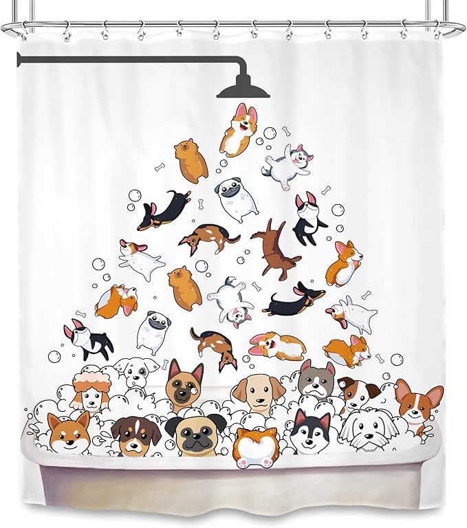 SVBright Cute Dogs Shower Curtain 60Wx72L Inch Kids Colorful Cartoon Animals Playing Water Lovely Funny Hilarious 12 Pack Hooks Polyester Waterproof Fabric Bathroom Bathtub Panels