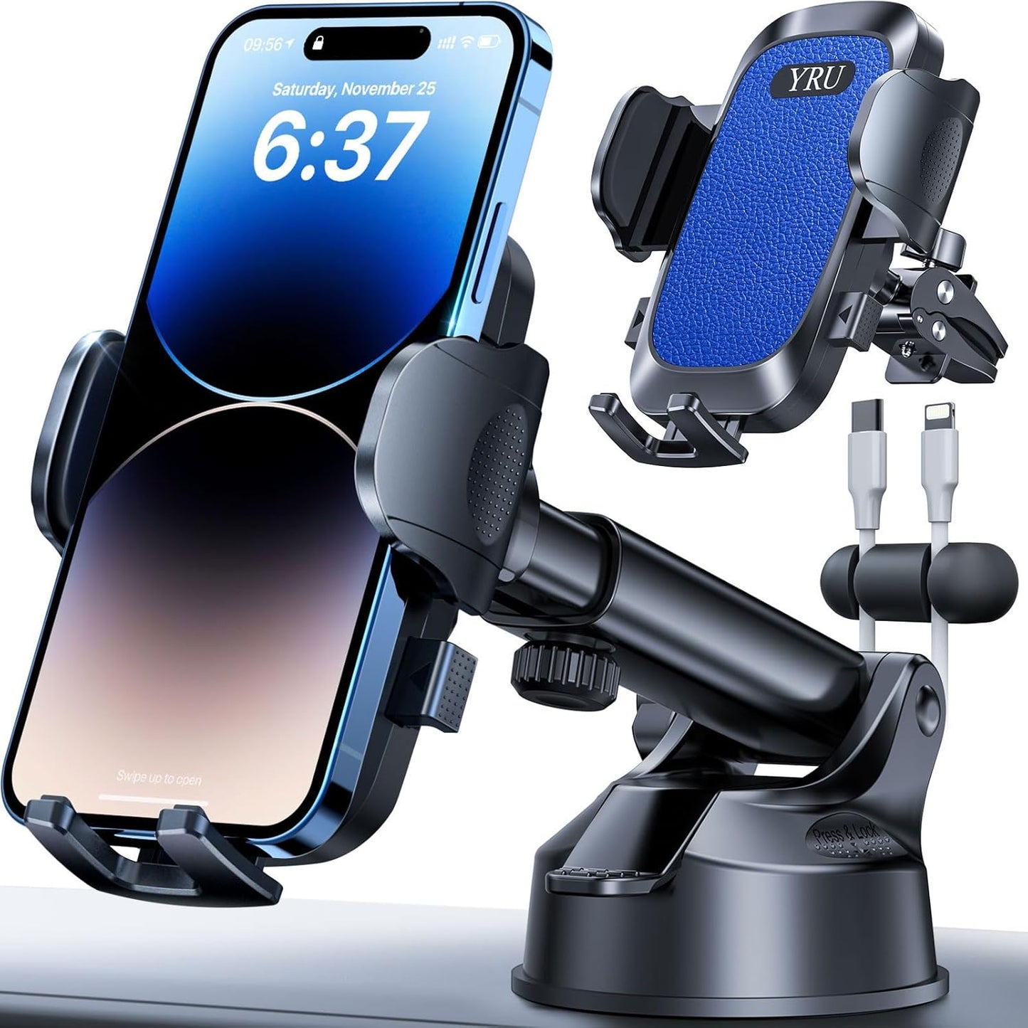 YRU [2025 Upgrade Extreme Strong Suction] Car Phone Holder Mount,[Bumpy Road Stable] Dashboard Cell Phone Holder for Car Vent Windshield Phone Stand for iPhone 16 15 14 13 Pro Max Samsung Truck, Blue
