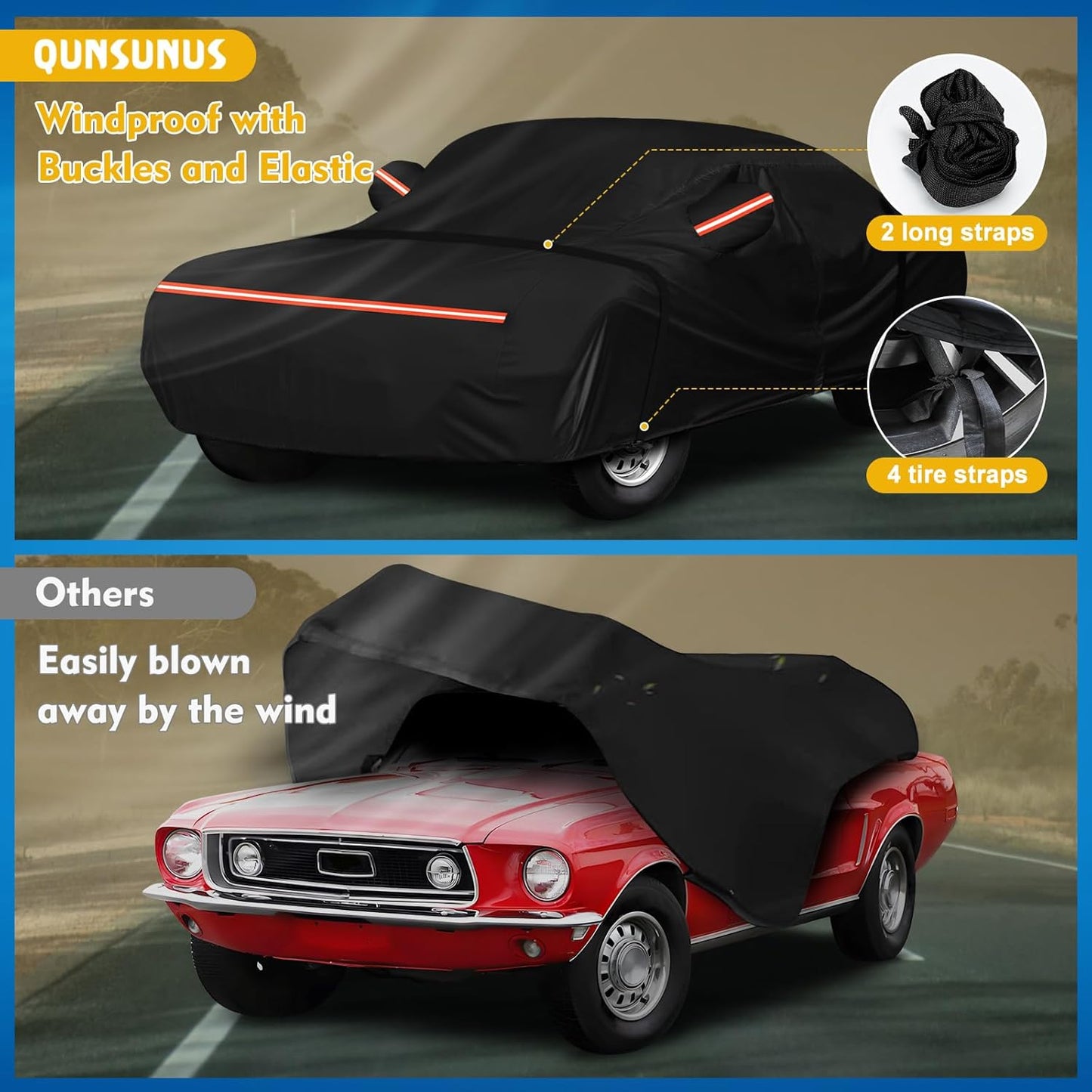 QUNSUNUS 6 Layer Car Cover for Ford Mustang 1964-1968 Waterproof All Weather 210D Windproof for Ford Mustang Car Cover Hail Protection with Zipper