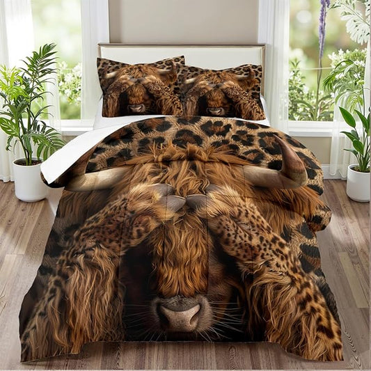 Western Highland Cow Bedding Queen Size Wild Animal Comforter Set for Kids Teens Boys Cute Highland Cattle Comforter Brown Leopard Print Comforter Sets with 2 Pillowcases