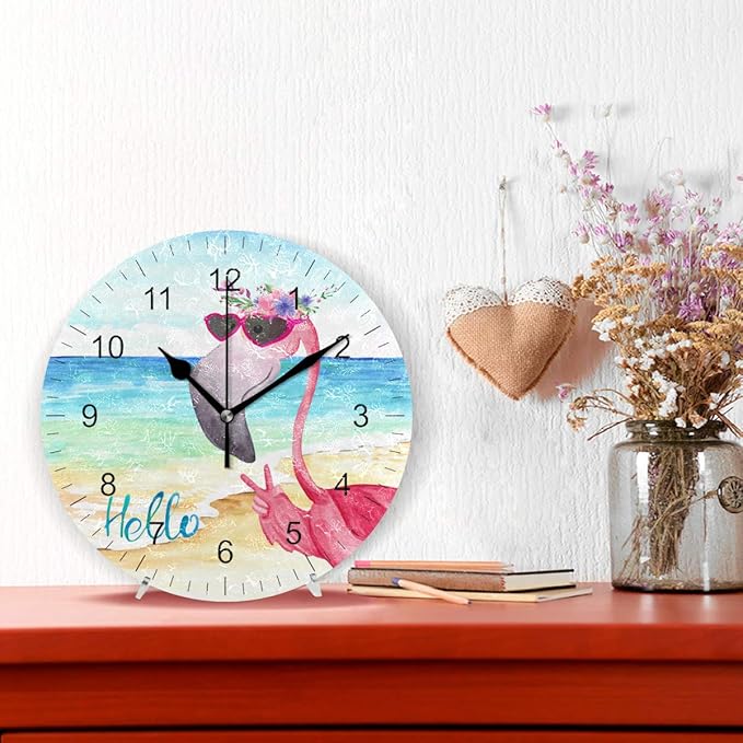 Wamika Wall Clock Pink Flamingo Beach Sea Summer Flowers Silent Non Ticking Round Clocks, Flamingos Birds Ocean Floral Clocks 10 Inch Battery Operated Quartz Quiet Desk Clock for Home Office