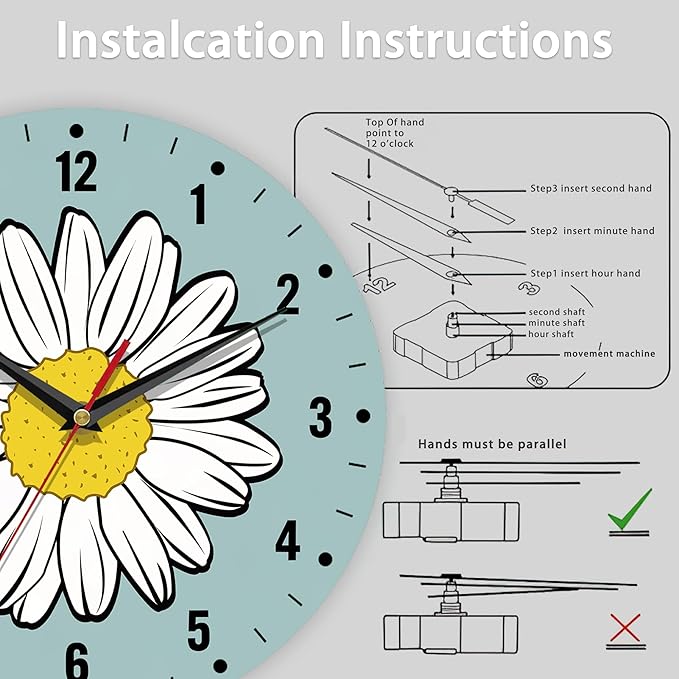 SPUNKER Clock for Bedroom,White Daisy Wall Clocks for Living Room Decor,Summer Flower Kitchen Clocks Wall Battery Operated - 10 Inch Round Bathroom Wall Clock Silent Non-Ticking
