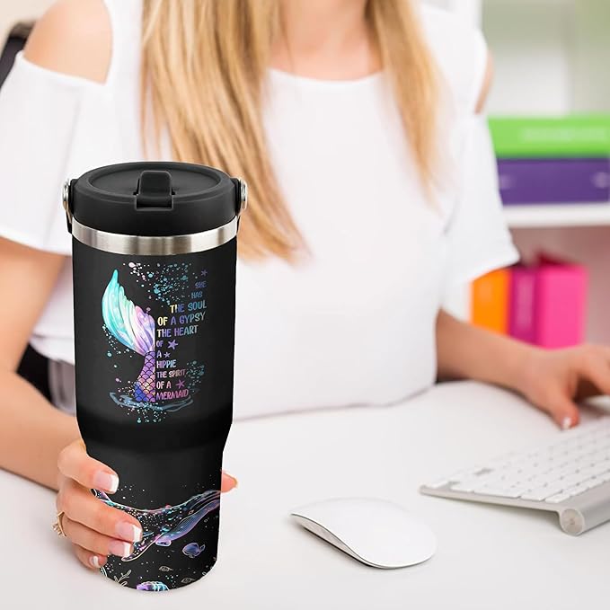 30 Oz Mermaid Tumbler with Handle and Straw, Mermaid Cups Insulated Mermaid Coffee Mug, Double Wall Stainless Steel Mermaid Mug, 30 Oz Leak Proof Mermaid Coffee Cup and Mermaid Gifts for Women