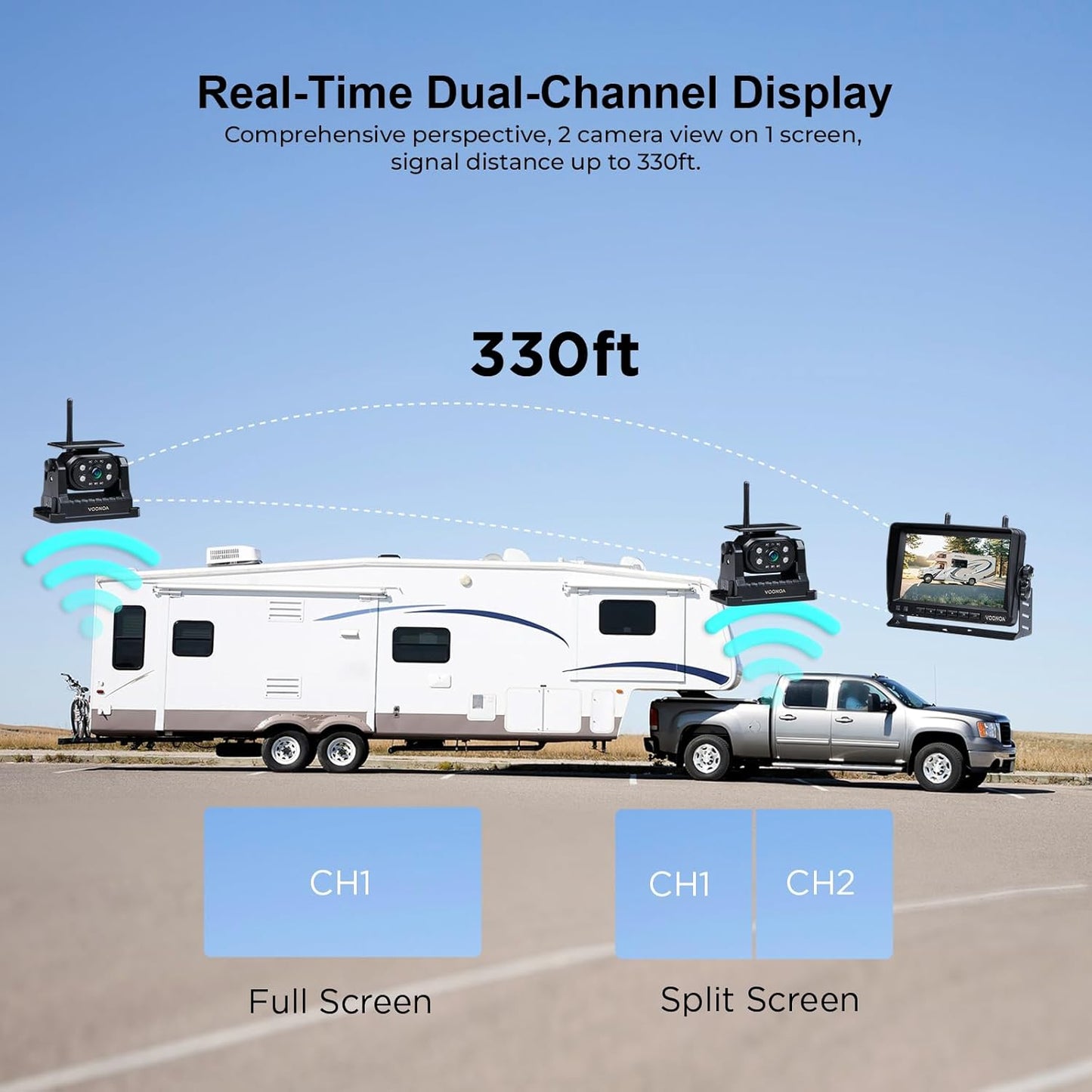 2 Magnetic Wireless Backup Camera with 7'' HD 1080P DVR Monitor System, 9600mAh Rechargeable Waterproof Dual Solar Reverse Camera for Hitch Towing Car Trailer Truck RV VN007