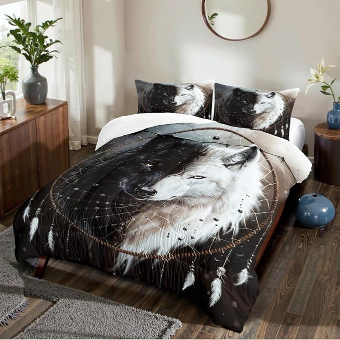 Wolf Bedding Twin Size Black White Wolves Bedding Set Wolf Dreamcatcher Comforter Set for Kids Boys Wild Animal Comforter with 1 Pillowcase