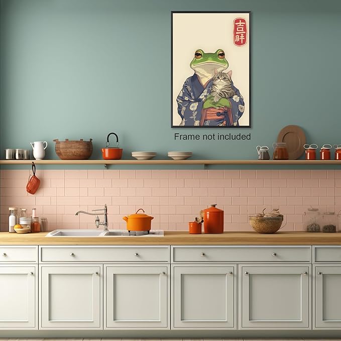 Vintage Japanese Frog & Cat Poster,Funny Anime-Inspired Kimono Frog Wall Art,Aesthetic Japanese Home Décor,Cute Print for Bedroom, Living Room Or Bathroom 24x36 in Unframed