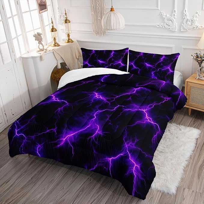 Violet Lightning Comforter Set King Thunder Bedding Sets 3PCS for Kids Teen Adult Violet Room Decor Ultra-Soft Lightweight Microfiber 1 Comforter with 2 Pillowcases