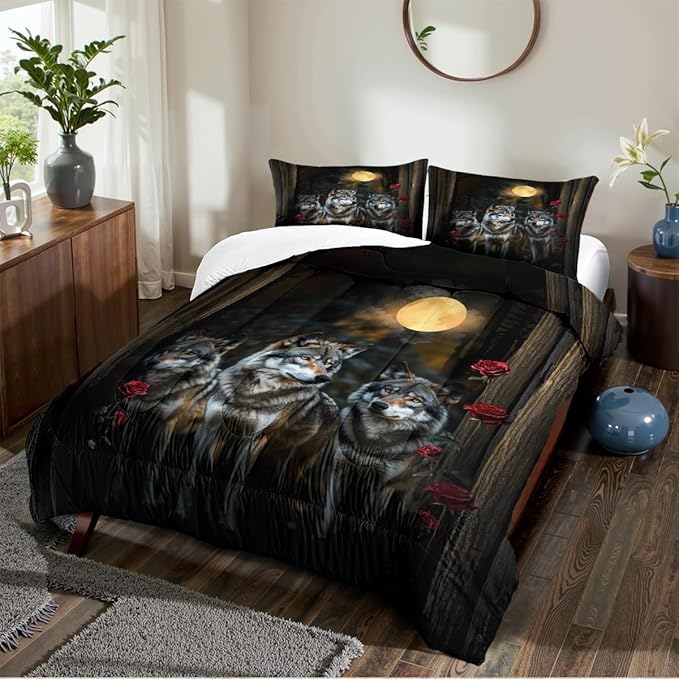 Wolves Comforter Set Twin Forest Wolf Safari Animal Bedding Set with Moon Red Rose Comforter and 1 Pillowcase