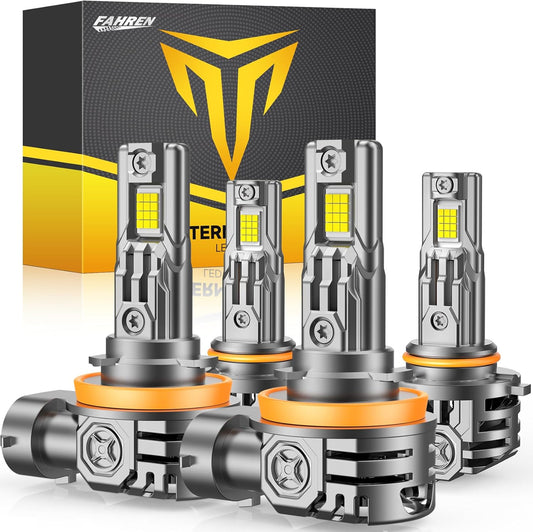 FAHREN H11/H9/H8 9005/HB3 LED Bulbs Combo, 130000LM 1000% Ultra-Bright, Real 1:1 Mini Size, 1:1 Mini Size Halogen Replacement, 6500K Cool White, Non-Polarity Plug and Play, Pack of 4