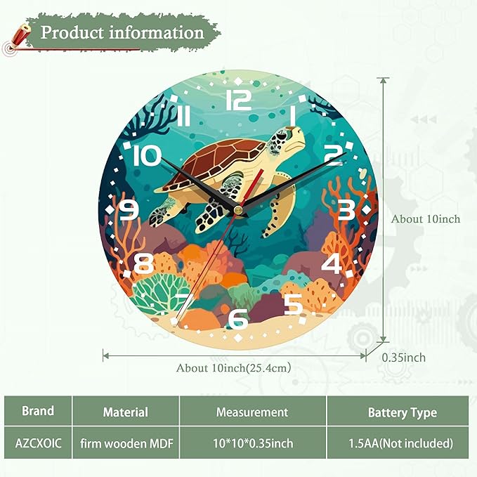 Wall Clocks Battery Operated,Sea Turtle Clock for Living Room,Decorative Wall Clock for Living Room, Bedroom, Bathroom and Kitchen,10 Inch