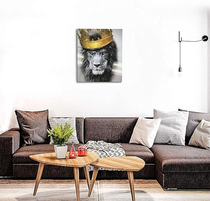 Black and White Lion with Crown Canvas Wall Art Abstract King Animal Artwork Lion Head Portrait Gold Modern Home Print Painting Large Wooden Wall Décor Framed Poster for Bedroom Bathroom 20x24 Inch