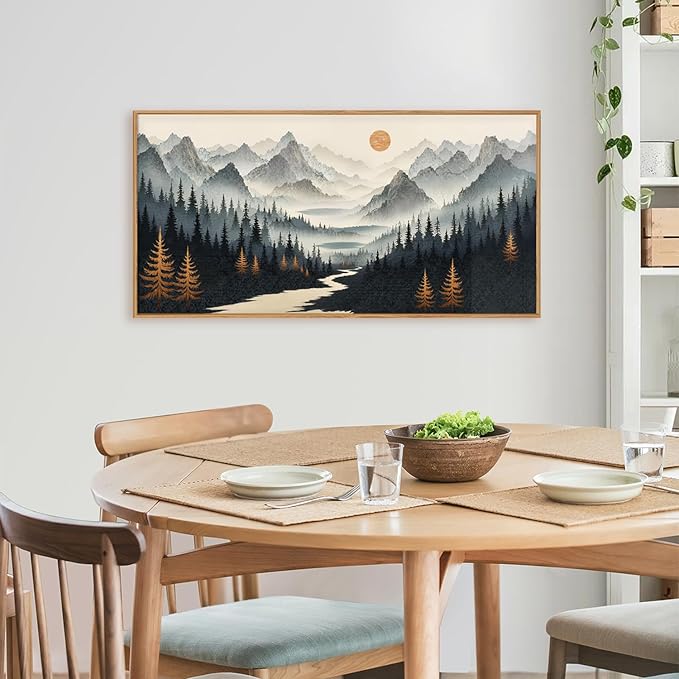 Watercolor Misty Forest Framed Canvas Wall Art Set, Foggy Mountain Wall Decor, Misty Pine Tree Wall Painting, Large Nature Landscape Art Prints for Living Room, Bedroom, Office - 20"X40"