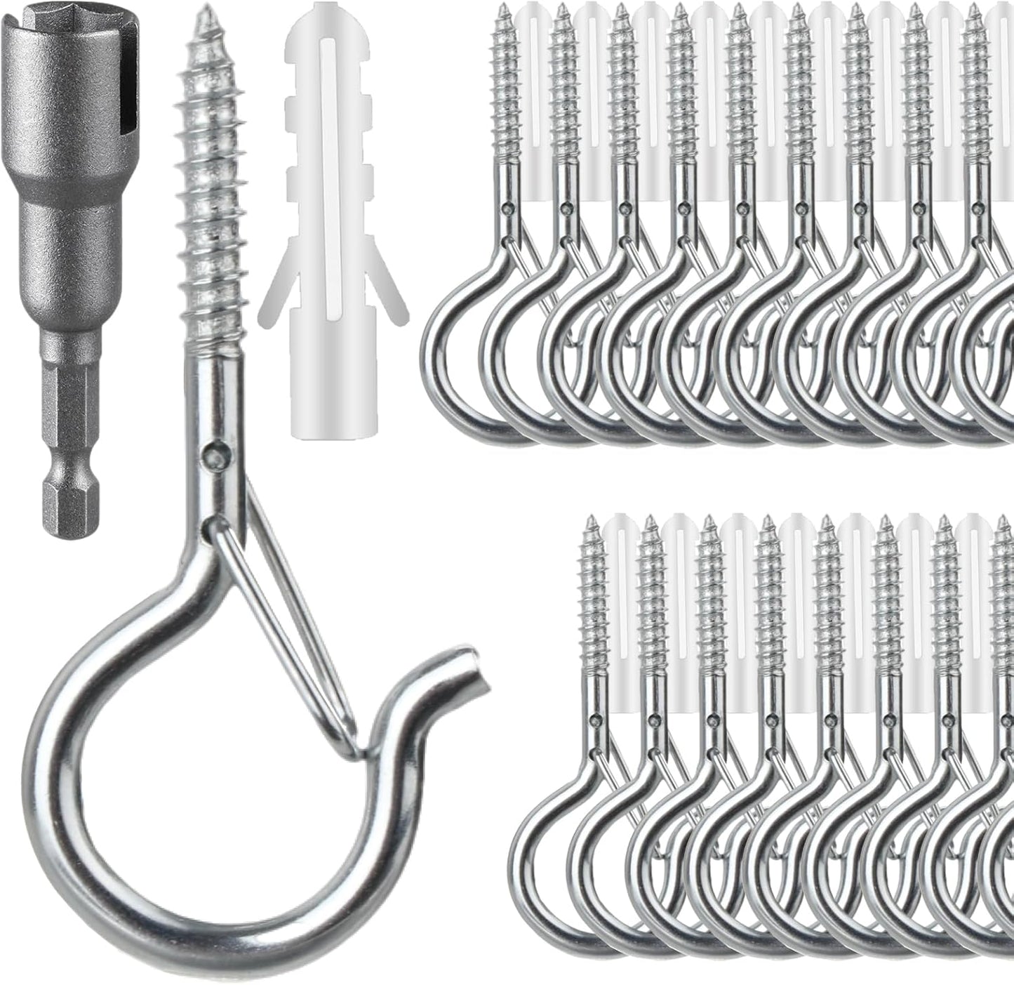 24 PCS Q-Hanger Hooks, Screw Hooks for Outdoor String Lights, Safety Buckle Design Cup Eye Hook for Hanging Christmas Lights, Plants, Mounted on Wall Ceiling, Include 1 Wing Nut Driver, Silver