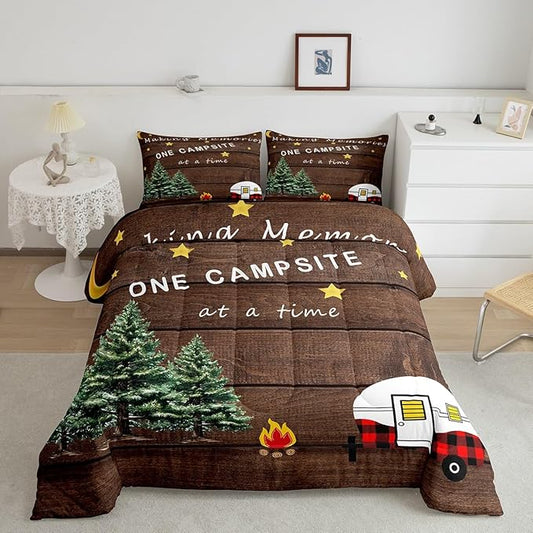 Camping Comforter King for Kids Boys Girls Adult Teens,Camper Bedding for Travel Trailers,Happy Camping Starry Sky Down Comforter Warm,Retro Barn Door Moon Stars Quilted Duvet with 2 Pillowcases