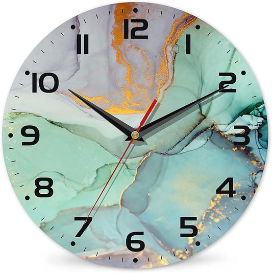 Watercolor Abstract Painting Marble Wall Clock Vintage Wooden Wall Clock Silent Non-Ticking Battery Operated Arabic Numerals Wall Clocks Decorative for Kitchen, Office, Classroom 10 Inch