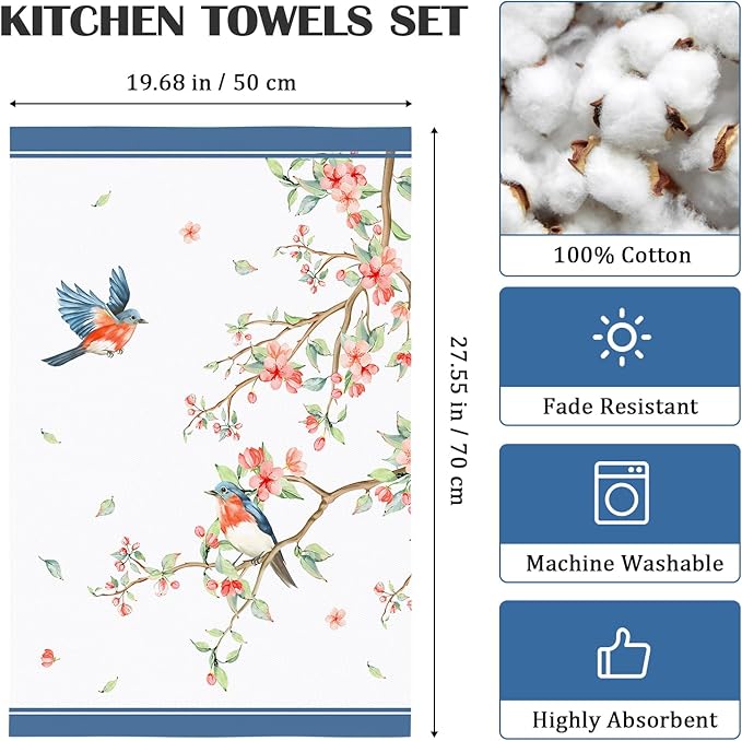 Watercolor Bird Flowers Tea Towels, Cotton Kitchen Towel 18.9 × 27.5 inch, Quick Drying Dish Cloth for Party Anniversary Holiday Decoration Housewarming Gifts