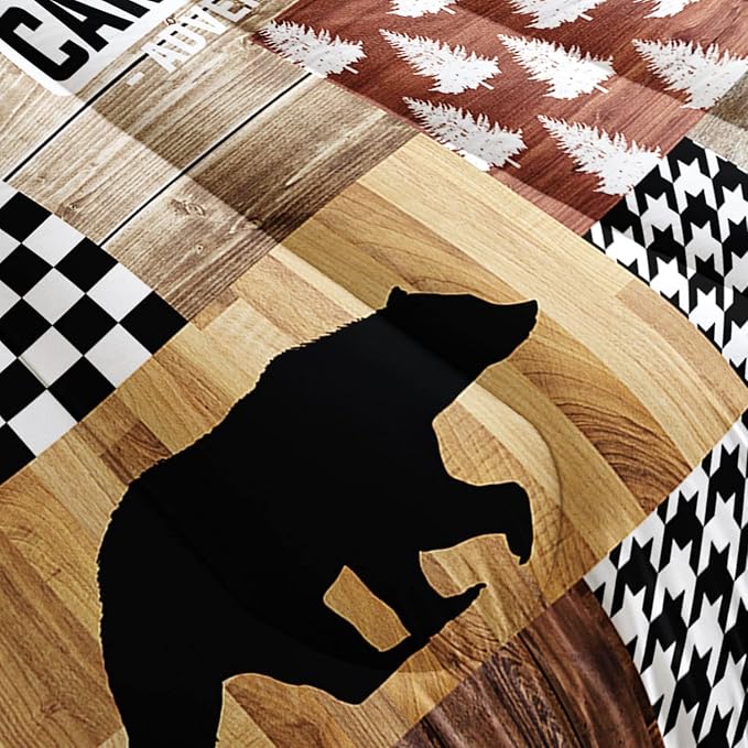 Camping Hunt Kids Comforter Bedding Set for Boys Girls,Bear Deer Silhouette Collage Wooden Pattern Comforter with 2 Pillowcases(Camping Hunt Full)