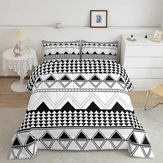 Boho Aztec Comforter Set King Size Black And White Bedding Set Morden Geometric Triangle Lattice Down Comforter Minimalism Room Decor Warm Soft 3 Pieces Quilted Duvet For Kids Boys Girls Teens