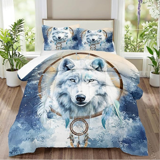 White Wolf Comforter Set Full Dreamcatcher Wolves Safari Animal Bedding Set with 2 Pillowcases