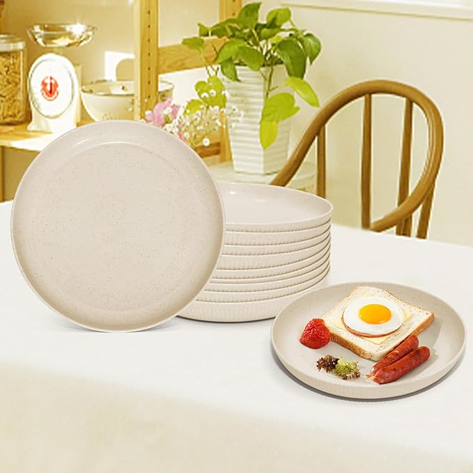 Wheat Straw Plates，9 inches Plastic Plates Set of 12, No BPAs and No Chemical Dyes (Beige)