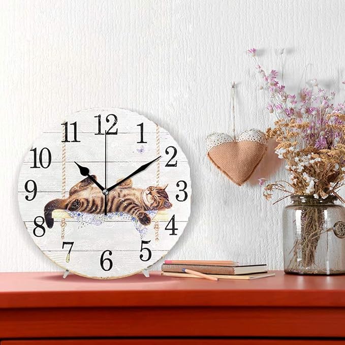 Wamika Round Wall Clock Cat on Swing White Vintage Wooden Clock Silent Non Ticking Wall Decorative,Kitty Cute Cats Flowers Butterfly Clocks 10 Inch Battery Operated Quartz Quiet Desk Clock for Home