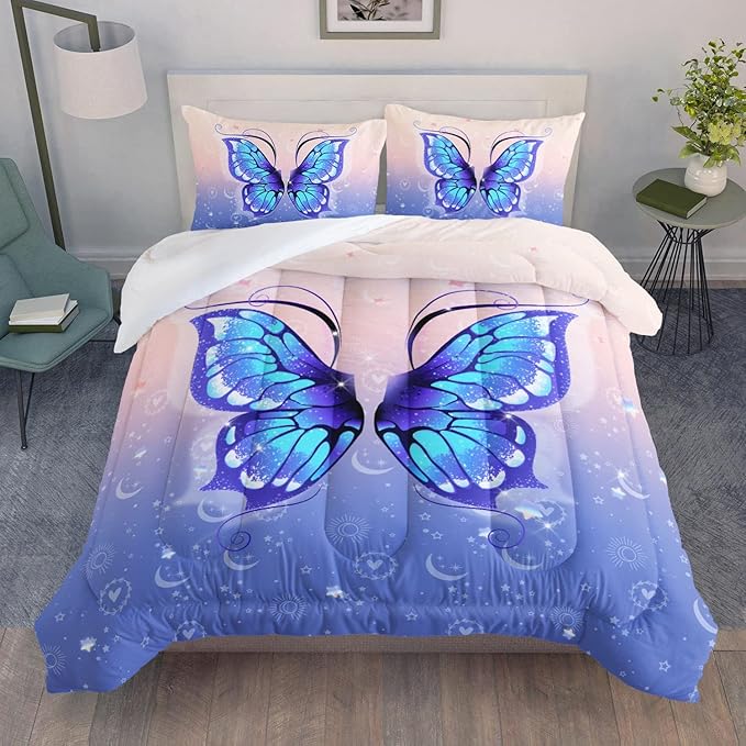Bedding Comforter Set Pink Purple Butterfly Printed Pattern Quilt with 1 and 2 Pillowcases for Girls Bedroom All Season(Butterfly Twin) Twin 68x86inches
