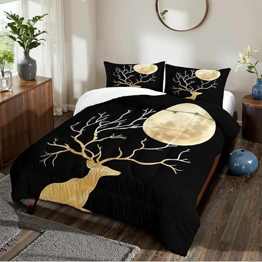 Black Gold Deer Comforter Set Full Size Unique Design Deer and Moon Bedding Set Chic Animal Bedding Modern Bedroom Decor Down Comforters Soft Microfiber Comforter Sets for Boys Girls