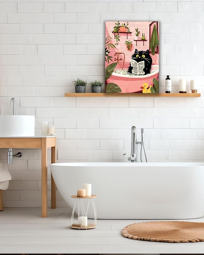 UPWOIGH Bathroom Wall Art Decor, Black Cat Reading the Newspaper Wall Art, Waterproof Wood Framed Canvas Wall Art Animals Abstract Prints, 12"x16" High-end Pictures for Dormitory Kids Room
