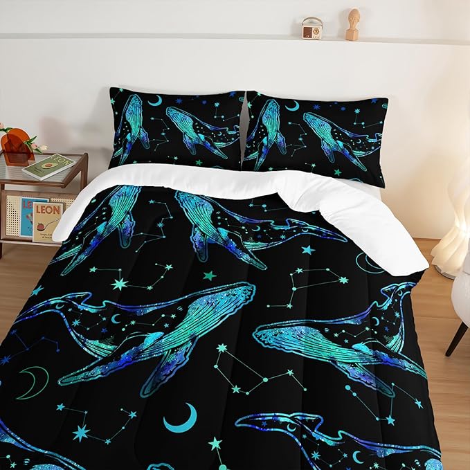 Whale Print Comforter Marine Life Bedding Set,Glowing Stars Moon Constellation Pattern Comforter Sets for Kids Boys Girls Room Decor,Cute Coastal Bedding Set Queen Size with 2 Pillowcases.