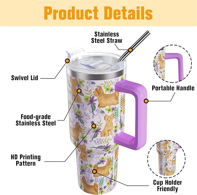 Yorkie Gifts for Women Dog Lovers 40 oz Floral Yorkie Tumblers with Handle and Straw, Stainless Steel Vacuum Insulated Travel Coffee Mug Cup Water Bottle