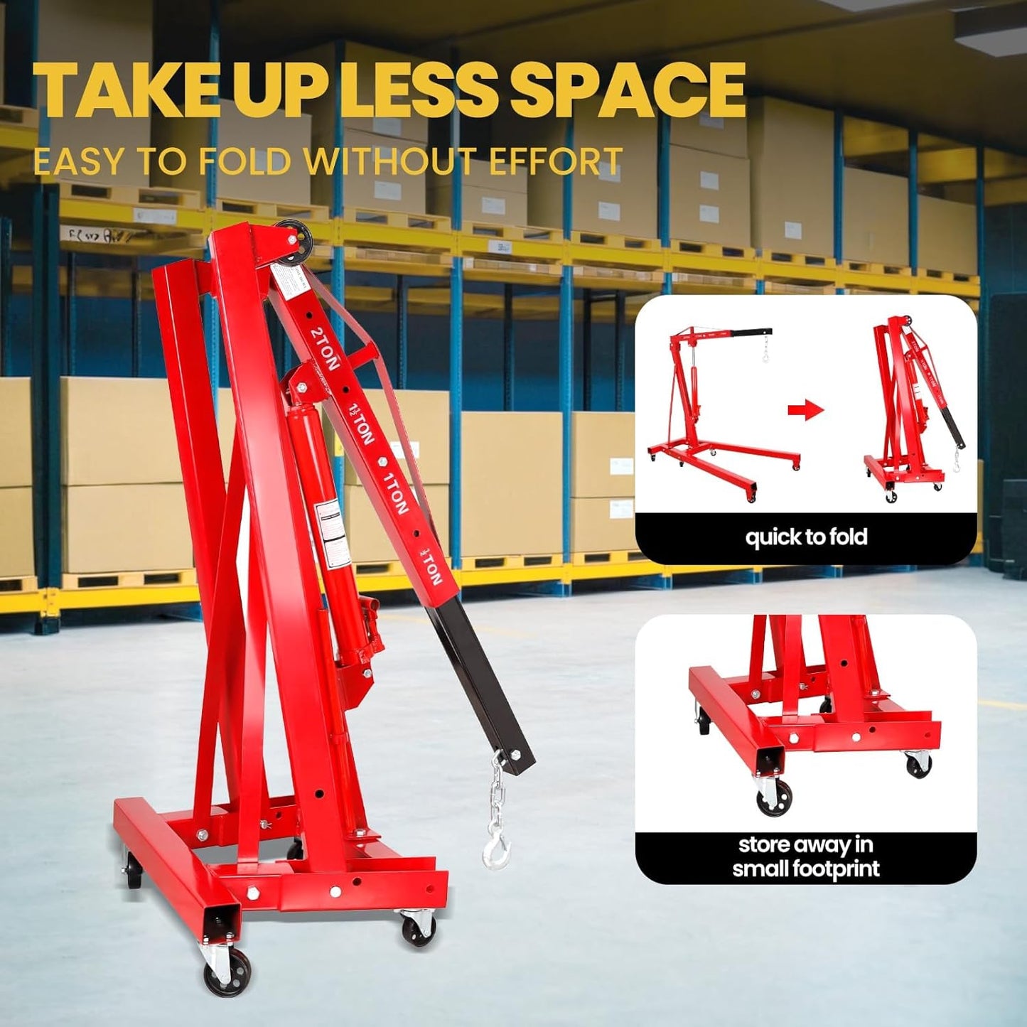 Engine Hoist Cherry Picker with Leveler, 2-Ton Folding Hydraulic Workshop Crane Lift with 6 Swivel Wheels and Telescopic Boom, 4400 Lbs Capacity Heavy-Duty Crane for Garage, Automotive Repair (Red)