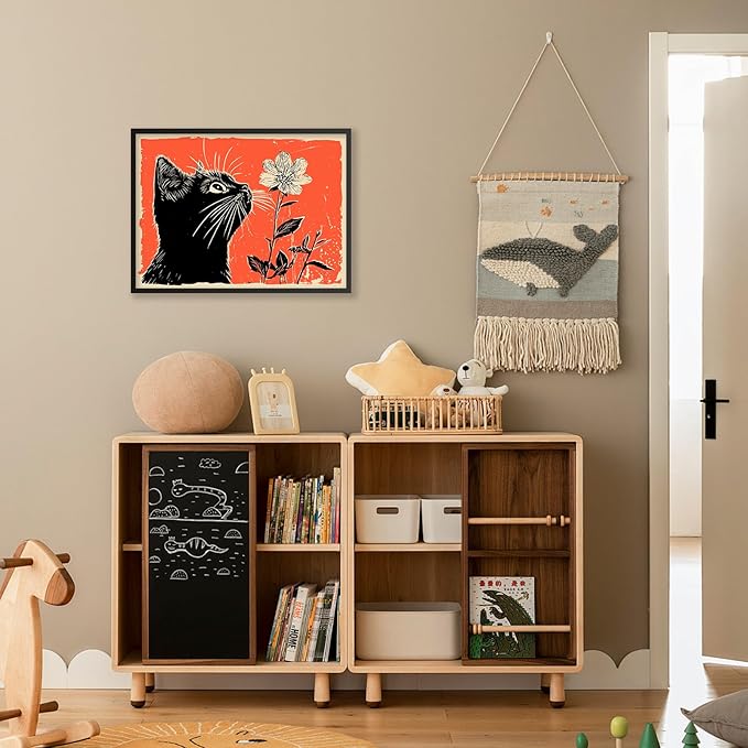 Black Cat Posters Vintage Animal Botanical Wall Art Cute Cat Sniffing Flower Canvas Painting Gift For Cat Lover 08x10 inch Black Framed Living Room Gallery Wall Decor