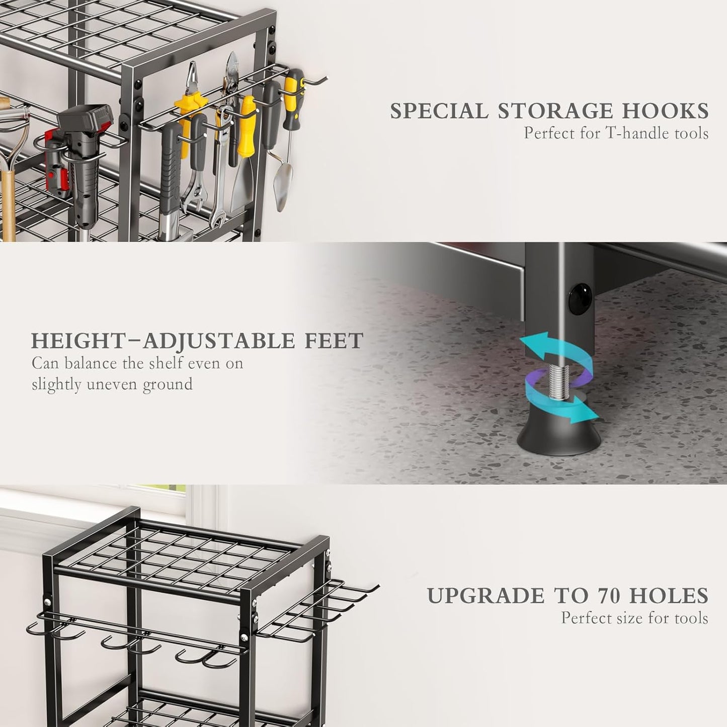 Garden Tool Organizer Storage Metal Yard Tool Organizer Heavy Duty Garden Tool Rack Stand with Extra Hooks, Up To 35 Long Handled Shovels/Rakes/Brooms Holder for Garage,Shed,Outdoor(Black)