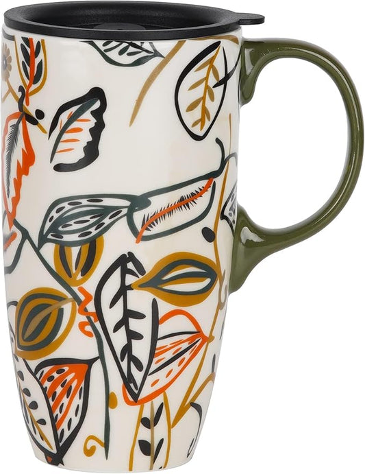 Topadorn Ceramic Coffee Mug Travel Cup with Lid Latte Mug,17oz.Leaves, Father's Day Gift
