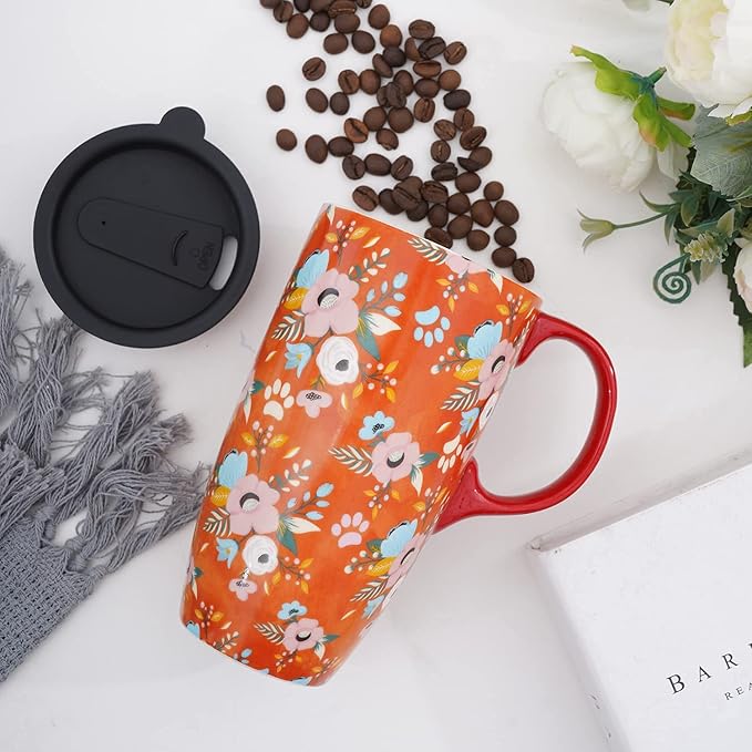 Topadorn Coffee Ceramic Mug Porcelain Latte Tea Cup With Lid 17oz. Orange Coffee Cup
