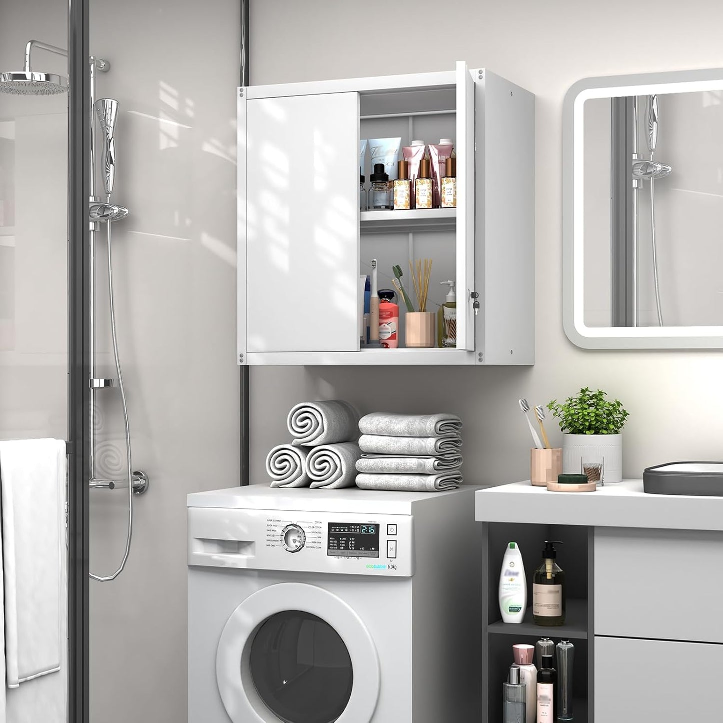 GREATMEET Metal Wall Cabinet, Wall Mounted Storage Cabinet with Lock for Garage Storage, White Floating Cabinet with Doors and Adjustable Shelf for Utility Room