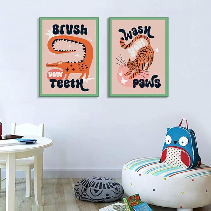 YFvrPt Funny Bathroom Animal Wall Art, Tiger Wash Your Paws Bathroom Wall Decor, Cute Eclectic Restroom Poster Canvas Prints Funky Maximalist Toilet Sign for Kids Room Nursery Framed 12x16 inch