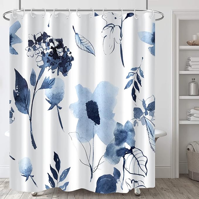 AWERT Blue Floral Watercolor Ink Flowers Shower Curtain With Hooks - Waterproof Fabric for Bathroom Decor 72x78inch