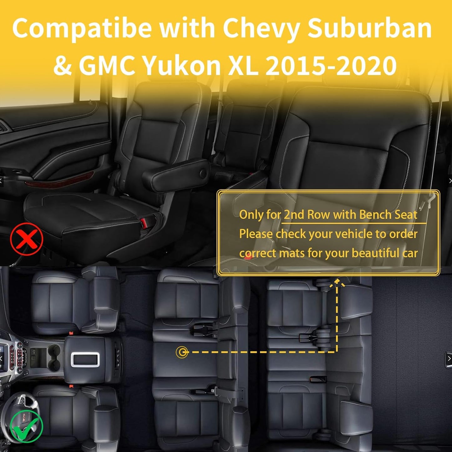 GINOWY-Floor Mats & Cargo Liner for Chevy Suburban/GMC Yukon XL 2015-2020 (2nd Row with Bench Seat), TPE All Weather Suburban Car Mats, Custom Non-Slip Trunk Mat Liners Suburban Accessories Black