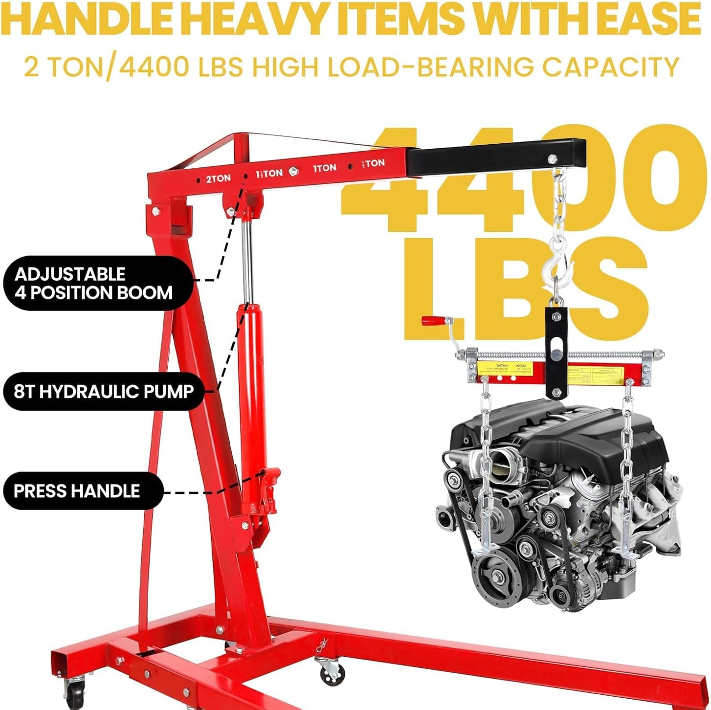 Engine Hoist Cherry Picker with Leveler, 2-Ton Folding Hydraulic Workshop Crane Lift with 6 Swivel Wheels and Telescopic Boom, 4400 Lbs Capacity Heavy-Duty Crane for Garage, Automotive Repair (Red)