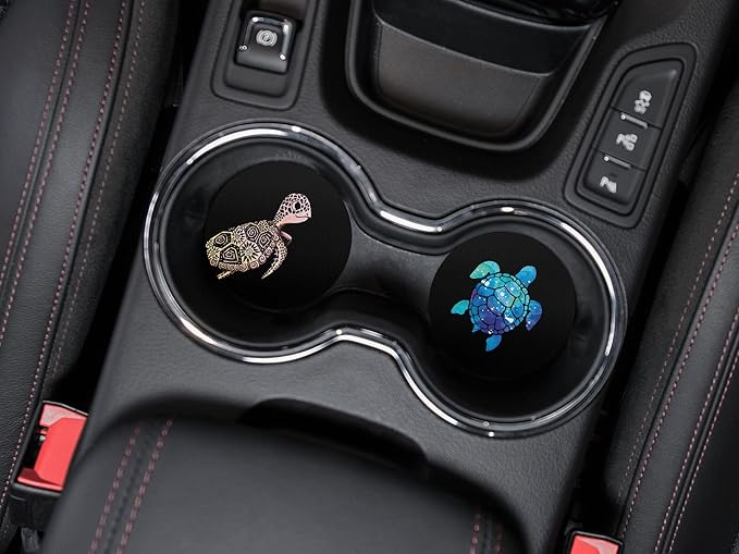 WIRESTER, Cute Turtle, Blue Sea Turtle Design Absorbent Round Fabric Felt Neoprene Car Coasters for Drinks (2.87 inches), 2pcs Set