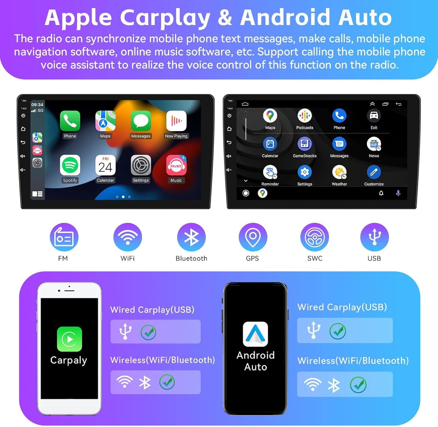 2+64G Android 13 Car Stereo for Hyundai Santa Fe IX45 2013-2018 with Apple Carplay Android Auto Mirror Link 9 inch Touch Screen FM RDS HiFi Bluetooth WiFi GPS+AHD Camera & MIC